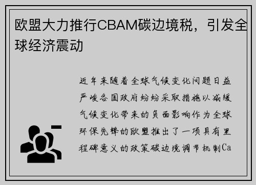 欧盟大力推行CBAM碳边境税，引发全球经济震动