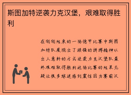 斯图加特逆袭力克汉堡，艰难取得胜利